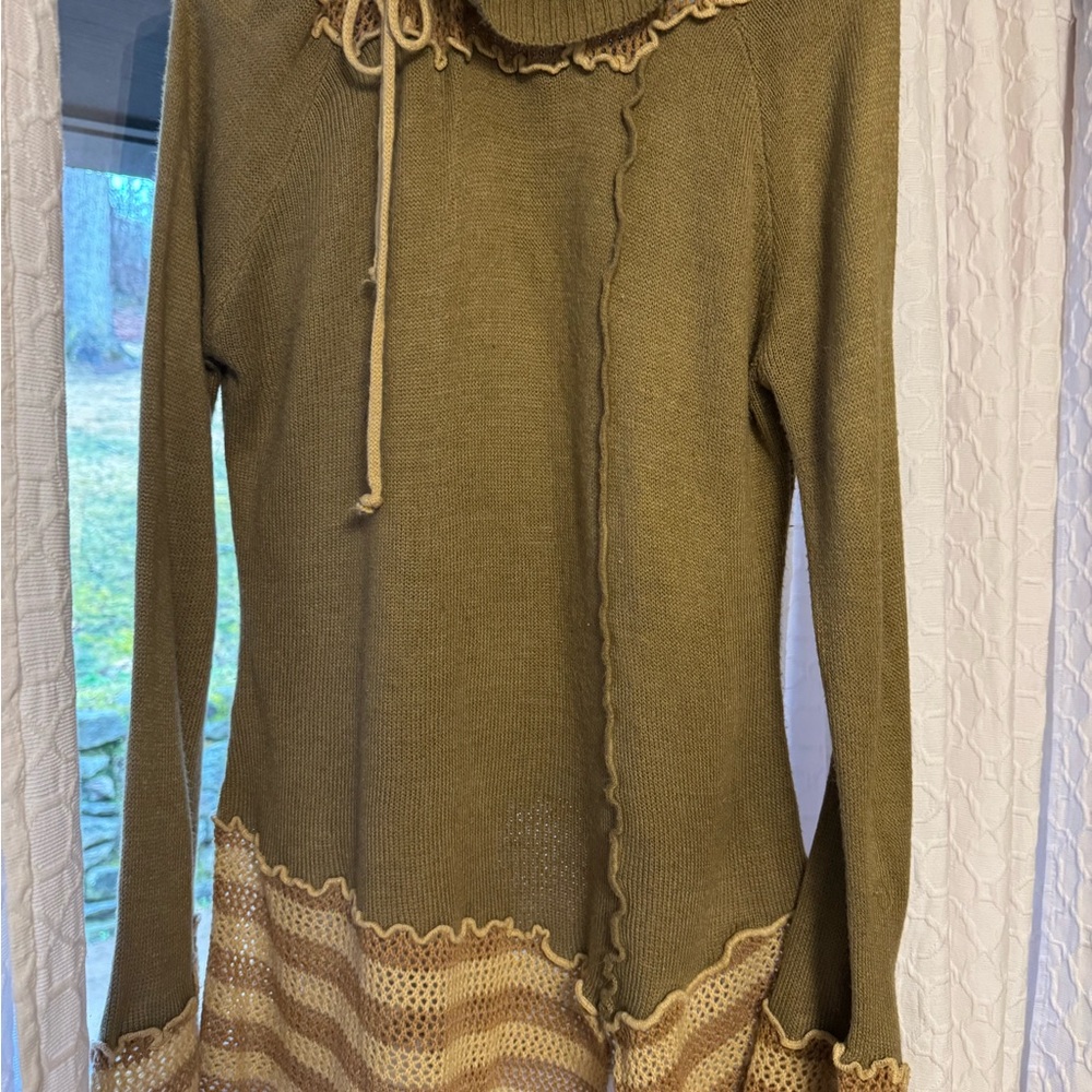 Casual Olive and Cream Cowl Neck Sweater